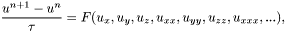 \[ \frac{u^{n+1}- u^{n}}{\tau} = F(u_x,u_y,u_z,u_{xx},u_{yy},u_{zz},u_{xxx},...), \]