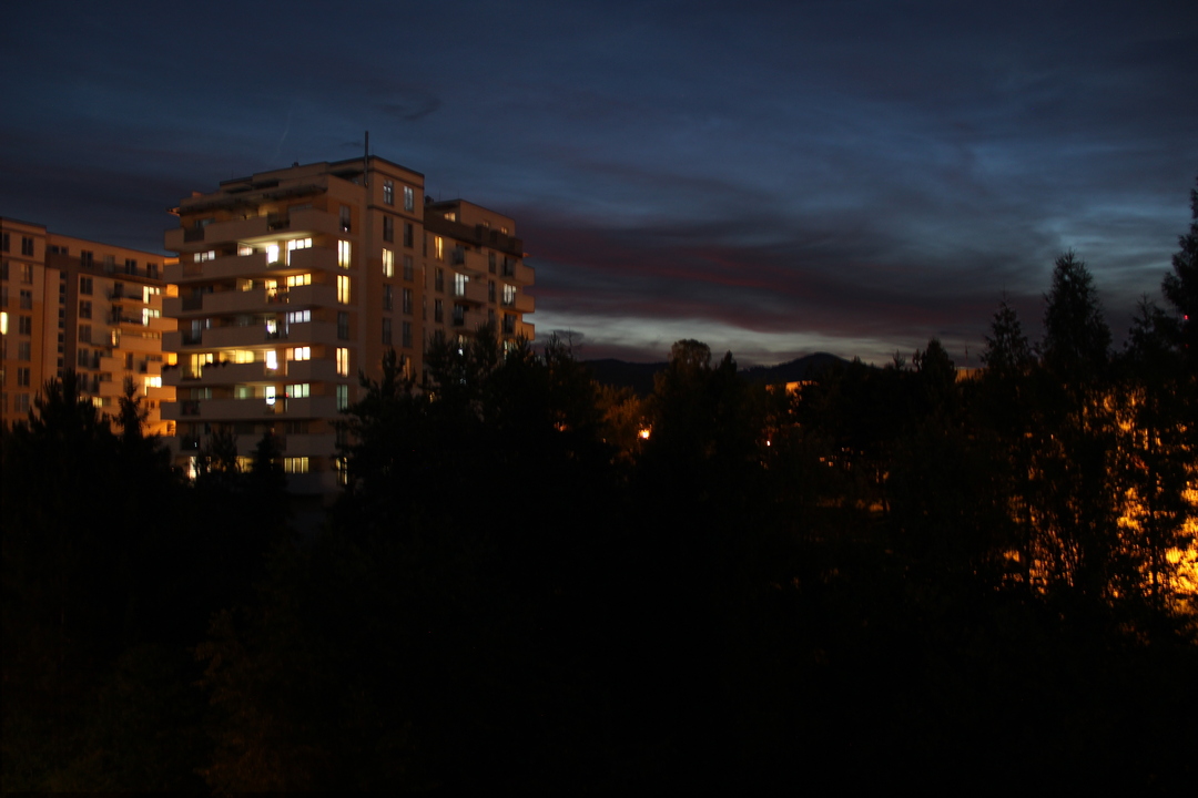 Apartment block at dusk